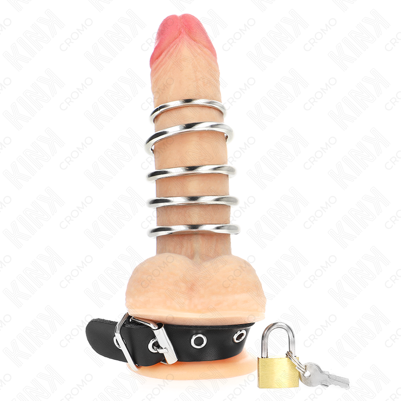 KINK - LEATHER PENIS RING WITH LOCK STRAP 21 X 2 CM AND 5 METAL RINGS FROM 3 CM TO 4 CM - Bild 2