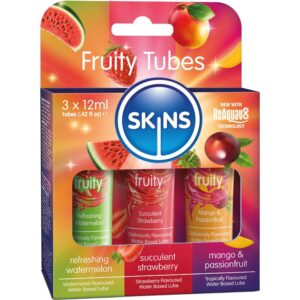 Skins Fruity Lubes Kit – smaksatt vattenbaserat glidmedel, 3 × 12 ml